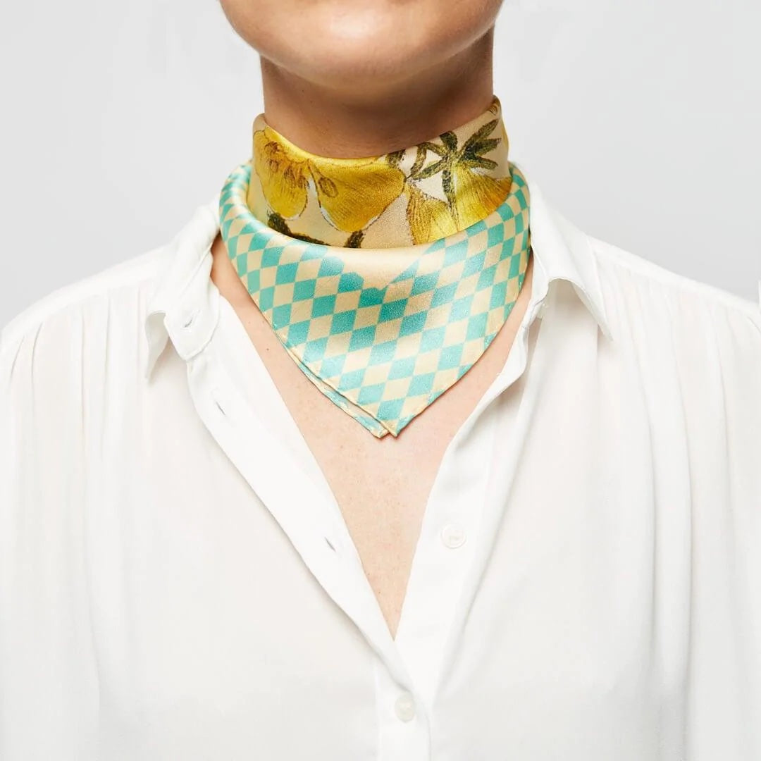 Harlequin Flower silk scarf for her. 100% silk. Turquoise green, yellow. Flora Danica Denmark