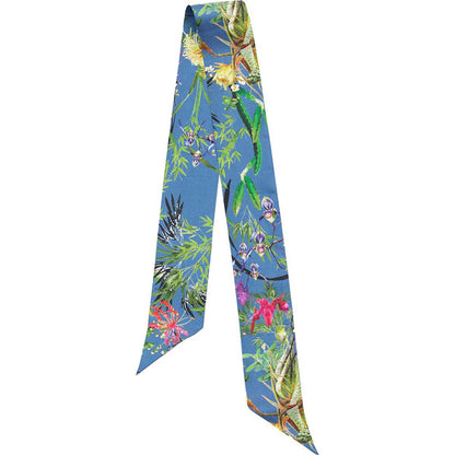 Asian Garden Twilly narrow scarf. 100% silk. Blue, green, pink. Bella Ballou